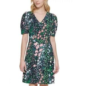 Tommy Hilfiger Garden Path Jersey V-Neck Dress Women's Size 8 Black Floral Chic